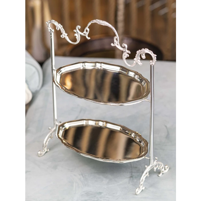 GÜMÜŞ KAPLAMA İKİ KATLI TEPSİLİ SUNUMLUK OVAL FORM