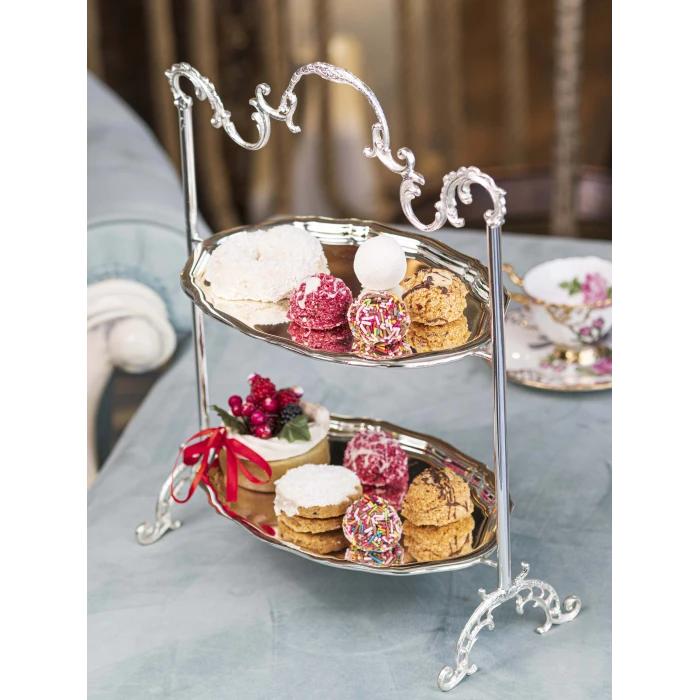 GÜMÜŞ KAPLAMA İKİ KATLI TEPSİLİ SUNUMLUK OVAL FORM