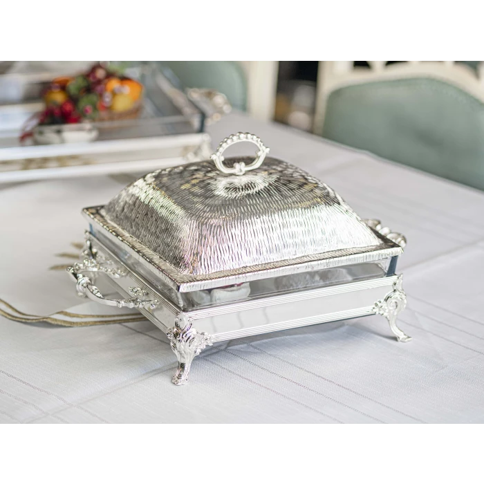 GÜMÜŞ KAPLAMA KAPAKLI SUNUMLUK KARE FORM KUMLU DOKU no1