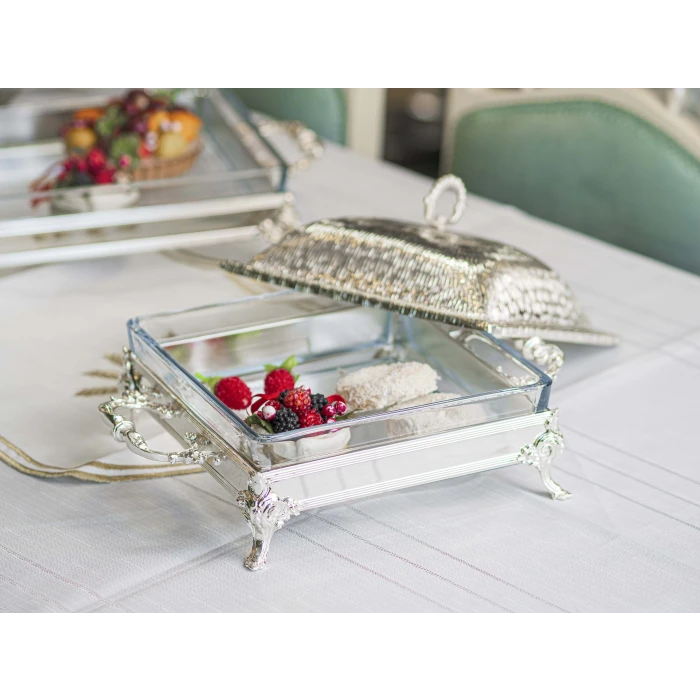 GÜMÜŞ KAPLAMA KAPAKLI SUNUMLUK KARE FORM KUMLU DOKU no1