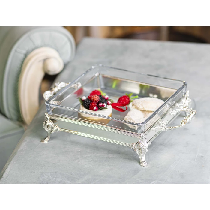 GÜMÜŞ KAPLAMA KAPAKLI SUNUMLUK KARE FORM KUMLU DOKU no1