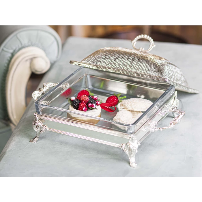 GÜMÜŞ KAPLAMA KAPAKLI SUNUMLUK KARE FORM KUMLU DOKU no1