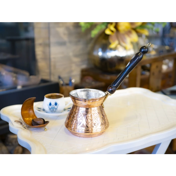 BAKIR CEZVE SEDEF KULPLU İŞLEMELİ TOMBAK MODEL BAKIR RENK 4 KİŞİLİK
