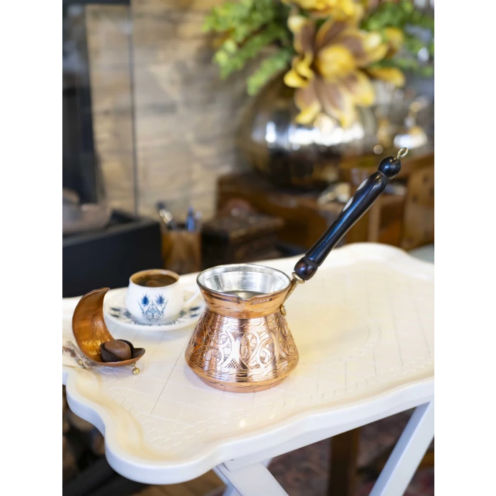 BAKIR CEZVE SEDEF KULPLU İŞLEMELİ TOMBAK MODEL BAKIR RENK 4 KİŞİLİK