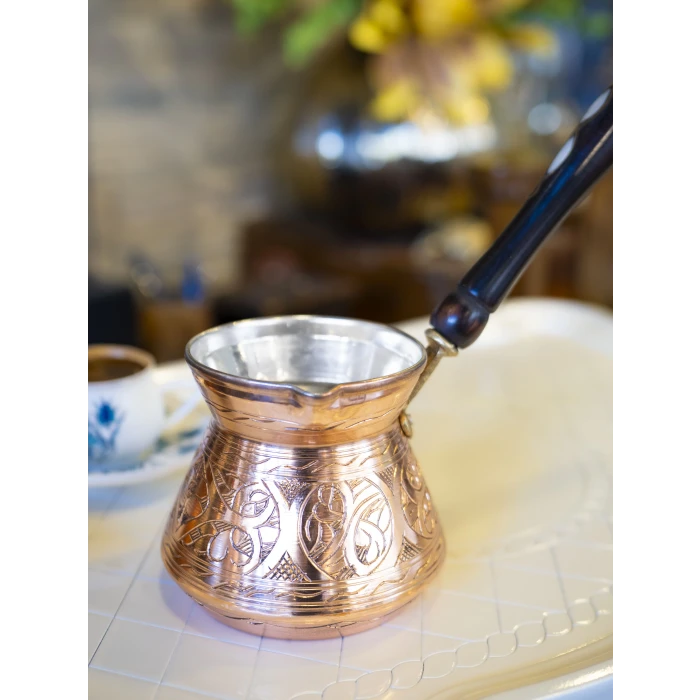 BAKIR CEZVE SEDEF KULPLU İŞLEMELİ TOMBAK MODEL BAKIR RENK 5 KİŞİLİK