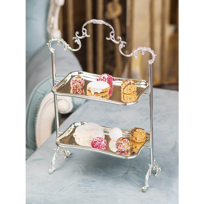 GÜMÜŞ KAPLAMA 2 KATLI TEPSİLİ SUNUMLUK DİKDÖRTGEN FORM