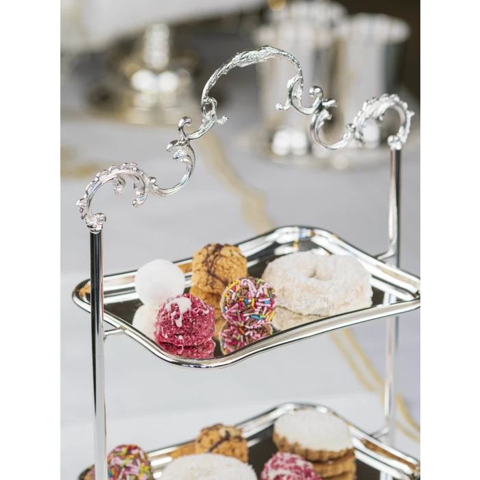 GÜMÜŞ KAPLAMA 2 KATLI TEPSİLİ SUNUMLUK DİKDÖRTGEN FORM