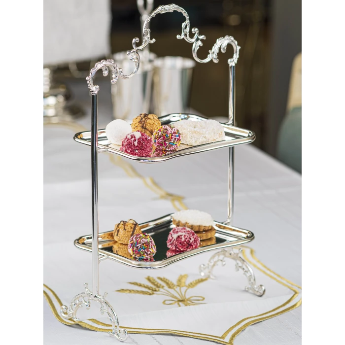 GÜMÜŞ KAPLAMA 2 KATLI TEPSİLİ SUNUMLUK DİKDÖRTGEN FORM