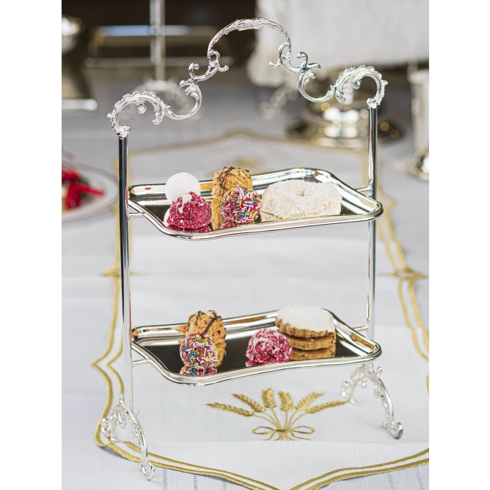 GÜMÜŞ KAPLAMA 2 KATLI TEPSİLİ SUNUMLUK DİKDÖRTGEN FORM