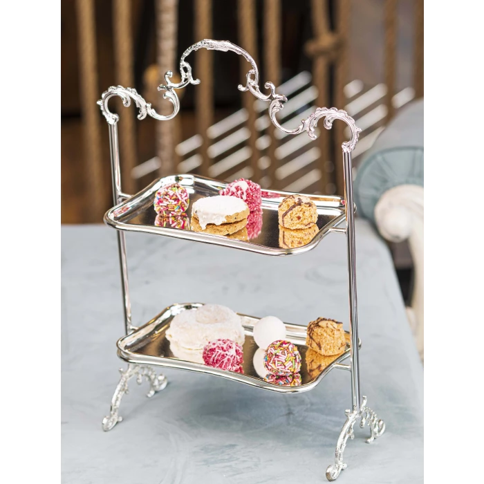 GÜMÜŞ KAPLAMA 2 KATLI TEPSİLİ SUNUMLUK DİKDÖRTGEN FORM