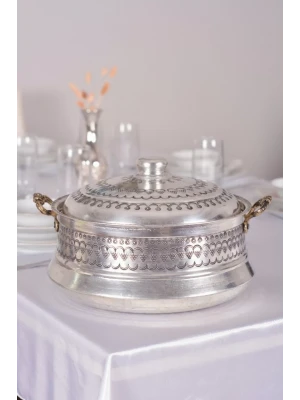 BAKIR TENCERE MARDİN İŞLEMELİ MODEL (8 LİTRE) GÜMÜŞ RENK