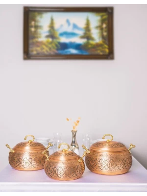 BAKIR TENCERE SETİ AĞIR İŞLEMELİ TOMBUL MODEL MAT BAKIR RENK