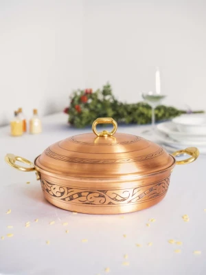 BAKIR PİLAV TENCERESİ OYMA NAKIŞ İŞLEME MAT BAKIR RENK 25 CM