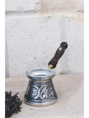 BAKIR CEZVE SEDEF KULPLU OYMA NAKIŞ İŞLEME GÜMÜŞ RENK (3 KİŞİLİK)
