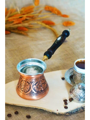 BAKIR CEZVE SEDEF KULPLU OYMA NAKIŞ İŞLEME BAKIR RENK (3 KİŞİLİK)