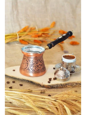 BAKIR CEZVE SEDEF KULPLU OYMA NAKIŞ İŞLEME BAKIR RENK (5 KİŞİLİK)