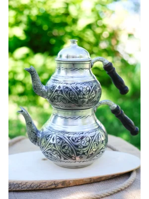 BAKIR ÇAYDANLIK OYMA NAKIŞ İŞLEMELİ GÜMÜŞ RENK (KALAYLI)