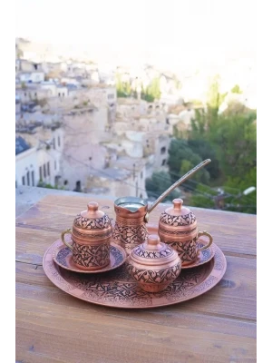 BAKIR KAHVE SETİ OYMA NAKIŞ İŞLEME BAKIR RENK