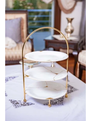 GÜMÜŞ KAPLAMA ÜÇ KATLI ETEJER SUNUMLUK (ALTIN RENK)