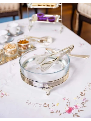 GÜMÜŞ KAPLAMA YUVARLAK CAMLI SUNUMLUK 3 AYAKLI MODEL