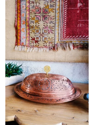 BAKIR SUNUMLUK KAPAKLI OYMA NAKIŞLI 30 cm Mat Bakır