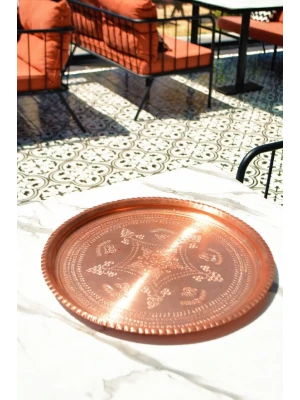 BAKIR TEPSİ YUVARLAK DESENLİ BAKIR RENK 37CM