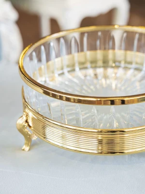 GÜMÜŞ KAPLAMA YUVARLAK KRİSTAL CAMLI SUNUMLUK GOLD RENK