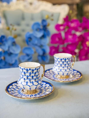 EL BOYAMASI FİNCAN TAKIMI MAVİ ÇİÇEKLİ MOTİF