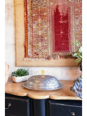 BAKIR SUNUMLUK KAPAKLI OYMA NAKIŞLI 35CM MAT KALAY RENK