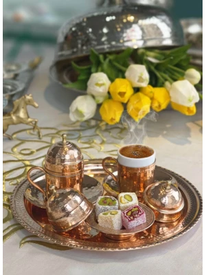 BAKIR KAHVE FİNCANI ÇEKİÇ DÖVME MODEL 2Lİ FİNCAN SETİ PARLAK RENK