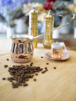 BAKIR CEZVE SETİ MODERN TOMBUL TASARIM BAKIR RENK