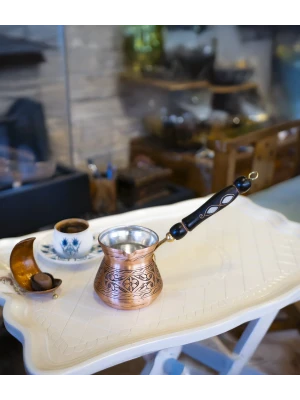 BAKIR CEZVE SEDEF KULPLU İŞLEMELİ TOMBAK MODEL MAT BAKIR RENK 4 KİŞİLİK