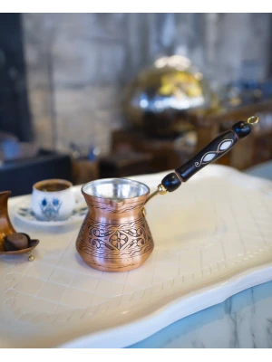 BAKIR CEZVE SEDEF KULPLU İŞLEMELİ TOMBAK MODEL MAT BAKIR RENK 5 KİŞİLİK