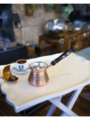BAKIR CEZVE SEDEF KULPLU İŞLEMELİ TOMBAK MODEL MAT BAKIR RENK 7 KİŞİLİK