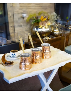 BAKIR CEZVE SETİ ÇEKİÇ DÖVMELİ BAKIR RENK