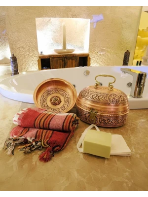 BAKIR HAMAM SETİ OYMA NAKIŞ İŞLEME MAT BAKIR RENK