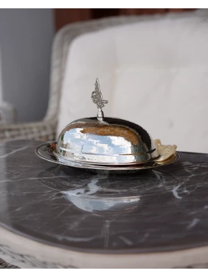 BAKIR SUNUMLUK KAPAKLI OVAL GÜMÜŞ RENK 35CM