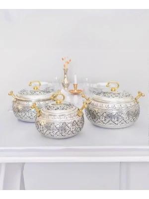 BAKIR TENCERE SETİ AĞIR İŞLEMELİ TOMBUL MODEL GÜMÜŞ RENK (KALAYLI)