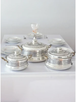 BAKIR TENCERE SETİ MARDİN İŞLEMELİ MODEL GÜMÜŞ RENK(KALAYLI)