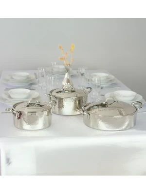 BAKIR TENCERE SETİ MODERN TASARIM GÜMÜŞ RENK