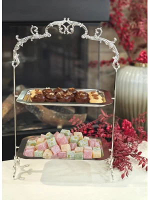 GÜMÜŞ KAPLAMA 2 KATLI TEPSİLİ SUNUMLUK DİKDÖRTGEN