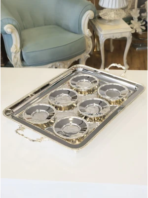 GÜMÜŞ KAPLAMA ÇAY SETİ (Gümüş kaplama çay tepsisi ve 6 adet çay tabağı) İNGİLİZ BORDÜRLÜ MODEL