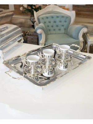 GÜMÜŞ KAPLAMA ÇAY TEPSİSİ BAŞAK BORDÜRLÜ MODEL