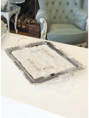 GÜMÜŞ KAPLAMA ÇAY TEPSİSİ GÜL BORDÜRLÜ MODEL