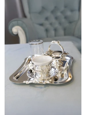 GÜMÜŞ KAPLAMA FİNCAN SETİ KÖŞELİ VE KABARTMA MOTİFLİ MODEL