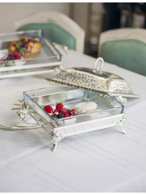 GÜMÜŞ KAPLAMA KAPAKLI SUNUMLUK KARE FORM KUMLU DOKU no1