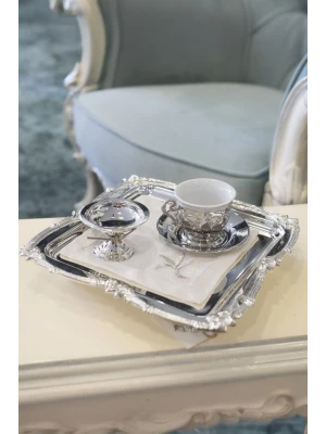 GÜMÜŞ KAPLAMA SUNUM TEPSİSİ GÜL BORDÜRLÜ MODEL KARE FORM