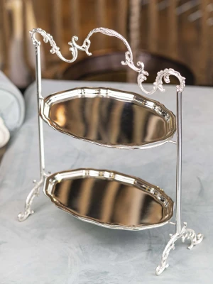 GÜMÜŞ KAPLAMA İKİ KATLI TEPSİLİ SUNUMLUK OVAL FORM