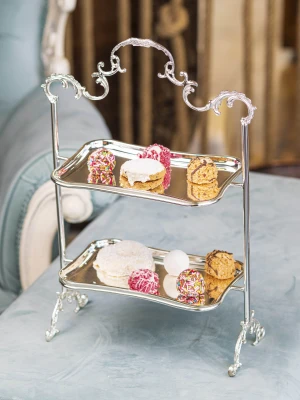 GÜMÜŞ KAPLAMA 2 KATLI TEPSİLİ SUNUMLUK DİKDÖRTGEN FORM