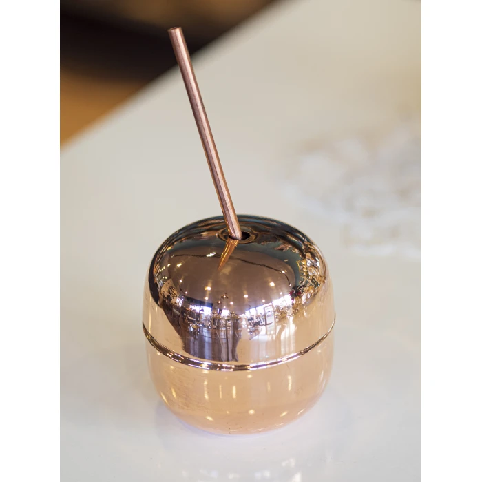 BAKIR KOKTEYL BARDAĞI ELMA FORM VE PİPET PARLAK BAKIR RENK